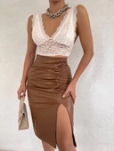 Kadın Büzgü Detay Içi şardonlu Bacak Dekolteli Deri Etek - 1