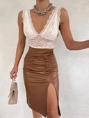 Kadın Büzgü Detay Içi şardonlu Bacak Dekolteli Deri Etek - 3