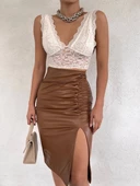 Kadın Büzgü Detay Içi şardonlu Bacak Dekolteli Deri Etek - 4