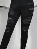 Kadın Yüksek Bel Slim Fit Lazer Kesim Yırtık Detaylı Kot Pantolon/ Jean - 2