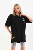 Unisex Baskılı Oversize T-Shirt - Siyah thumbnail 4