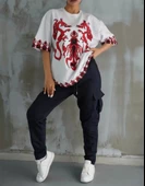 Unisex Bisiklet Yaka Baskılı Oversize T-Shirt - Beyaz thumbnail 2