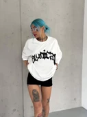 Unisex Bisiklet Yaka Baskılı Oversize T-Shirt - Beyaz thumbnail 2