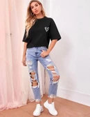 Bisiklet Yaka Baskılı Oversize T-Shirt - Siyah thumbnail 2