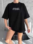 Unisex Bisiklet Yaka Baskılı Oversize T-Shirt - Siyah - 1