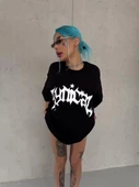 Unisex Bisiklet Yaka Baskılı Oversize T-Shirt - Siyah thumbnail 2