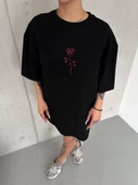 Unisex Bisiklet Yaka Baskılı Oversize T-Shirt - Siyah - 1
