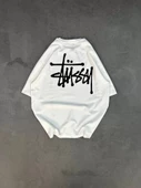 Unisex Bisiklet Yaka Baskılı Oversize T-Shirt - Beyaz - 2