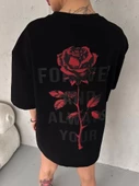 Unisex Bisiklet Yaka Baskılı Oversize T-Shirt - Siyah - 2