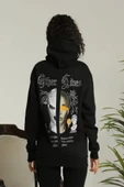 Sırt Baskılı Oversize Üç İplik Kapüşonlu Sweatshirt - Siyah - 2