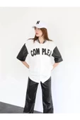 Complex Kolları Deri Kolej Oversize T-shirt - Beyaz thumbnail 2
