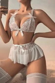 Moda Çizgi Kadın Fiyonklu Faztezi Beyaz Gecelik Takım K1001 - 1