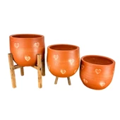Bitki Tasarımı Aksesuar Kalp Desenli Toprak Saksı Saksılık Salon Çiçeklik Üçlü Set - 19 CM - 3