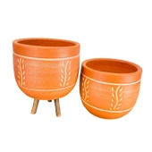 Bitki Tasarımı Ev Dekorasyon Nakış Desenli Toprak Saksı Saksılık Salon Çiçeklik İkili Set Ayaksız - 3 Ayaklı- 19 CM - 3