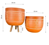 Bitki Tasarımı Ev Dekorasyon Nakış Desenli Toprak Saksı Saksılık Salon Çiçeklik İkili Set Ayaksız - 3 Ayaklı- 19 CM - 2