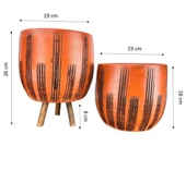 Bitki Tasarımı  Siyah Çizgi Desenli Toprak Saksı Saksılık Salon Çiçeklik İkili Set Ayaksız - 3 Ayaklı- 19 CM - 2