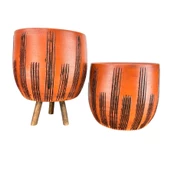 Bitki Tasarımı  Siyah Çizgi Desenli Toprak Saksı Saksılık Salon Çiçeklik İkili Set Ayaksız - 3 Ayaklı- 19 CM - 1
