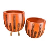 Bitki Tasarımı  Siyah Çizgi Desenli Toprak Saksı Saksılık Salon Çiçeklik İkili Set Ayaksız - 3 Ayaklı- 19 CM - 3