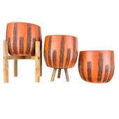 Bitki Tasarımı Siyah Çizgi Desenli Toprak Saksı Saksılık Salon Çiçeklik Üçlü Set - 19 CM - 1