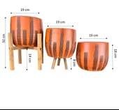 Bitki Tasarımı Siyah Çizgi Desenli Toprak Saksı Saksılık Salon Çiçeklik Üçlü Set - 19 CM - 2