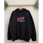 Baskılı Üç İplik Kapüşonlu Oversize Sweatshirt - Siyah - 3