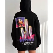 Baskılı Üç İplik Kapüşonlu Oversize Sweatshirt - Siyah - 1