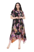 Melsay Butik Siyah Renkli Şal Desen Asimetrik Kısa Kollu Elbise - 4