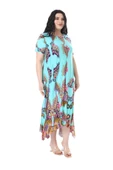 Melsay Butik Turkuaz Renkli Şal Desen Asimetrik Kısa Kollu Elbise thumbnail 5