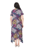 Melsay Butik Mor Patchwork Desen Asimetrik Kısa Kollu Elbise - 6