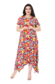 Melsay Butik Sarı Gül Desen Asimetrik Kısa Kollu Elbise - 4