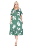Melsay Butik Fırfırlı Kısa Kollu Yeşil Beyaz Yaprak Desenli Cepli Elbise thumbnail 2