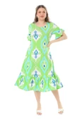 Melsay Butik Kısa Kollu Fırfırlı Cepli Yeşil Motif Desenli Midi Elbise - 2