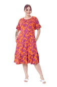 Melsay Butik Kısa Kollu Fırfırlı Cepli Turuncu Mor Mercan Desenli Midi Elbise - 3