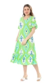 Melsay Butik Kısa Kollu Fırfırlı Cepli Yeşil Motif Desenli Midi Elbise - 4