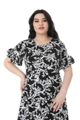 Melsay Butik Kısa Kollu Fırfırlı Cepli Siyah Beyaz Mercan Desenli Midi Elbise - 4