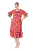 Melsay Butik Kısa Kollu Fırfırlı Cepli Turuncu Mor Mercan Desenli Midi Elbise - 4