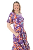 Melsay Butik Fırfırlı Cepli Kısa Kollu Mor Retro Desenli Elbise thumbnail 4