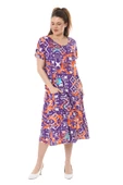 Melsay Butik Mor Retro Desen Kuplu Cepli Kısa Kol Kadın Midi Elbise - 3