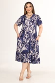 Melsay Butik Göğüsten Robalı V Yaka Kısa Kollu Mavi Batik Desenli Cepli Elbise - 2