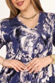 Melsay Butik Göğüsten Robalı V Yaka Kısa Kollu Mavi Batik Desenli Cepli Elbise - 6