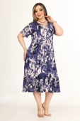 Melsay Butik Göğüsten Robalı V Yaka Kısa Kollu Mavi Batik Desenli Cepli Elbise - 3