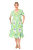 Melsay Butik Göğüsten Robalı V Yaka Kısa Kollu Yeşil Motif Desenli Cepli Elbise - 4