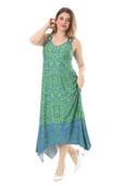 Melsay Butik Yeşil Mavi Kilim Desen Askılı V Yaka Elbise thumbnail 3