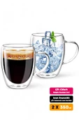 2'li Çift Cidarlı Bardak 350ml Isıya Dayanıklı Borosilikat Espresso Sunum Bardağı Kulplu Kahve Kupa - 1