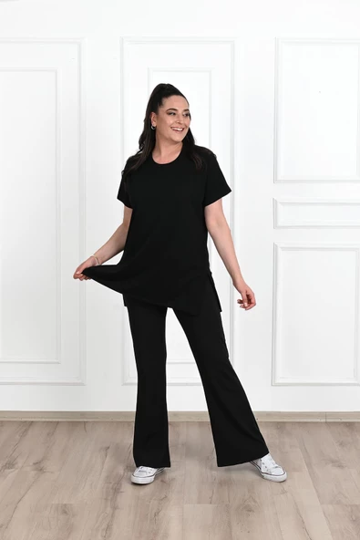 Kadın Bisiklet Yaka Yırtmaç Detaylı Büyük Beden Tshirt 9633-22 - 11