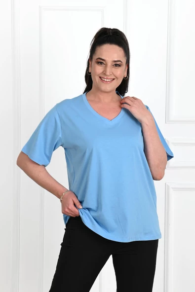 Kadın V Yaka Basic Büyük Beden T-Shirt 1297-22 - 2