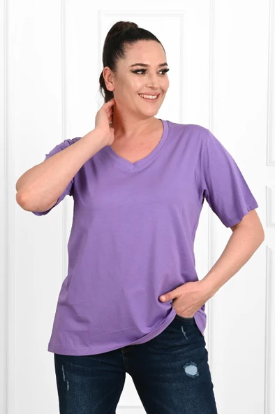 Kadın V Yaka Basic Büyük Beden T-Shirt 1297-22