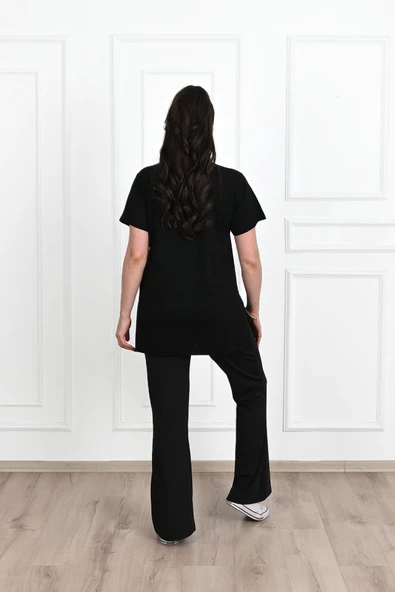 Kadın Bisiklet Yaka Yırtmaç Detaylı Büyük Beden Tshirt 9633-22 - 12