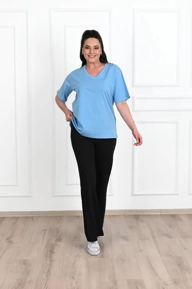 Kadın V Yaka Basic Büyük Beden T-Shirt 1297-22 - 4