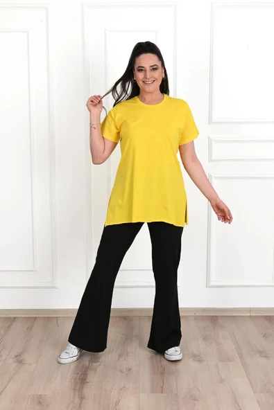 Kadın Bisiklet Yaka Yırtmaç Detaylı Büyük Beden Tshirt 9633-22 - 6